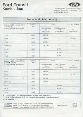 Ford Transit Preisliste 4.1989