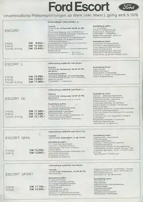 Ford Escort Preisliste 5.1978