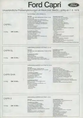 Ford Capri III Preisliste 8.1978
