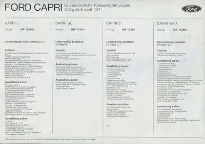 Ford Capri Preisliste 4.1977