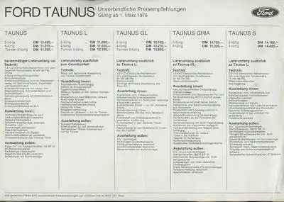 Ford Taunus Preisliste 3.1976