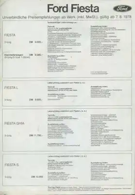 Ford Fiesta Preisliste 8.1978