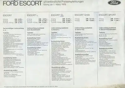 Ford Escort Preisliste 3.1976