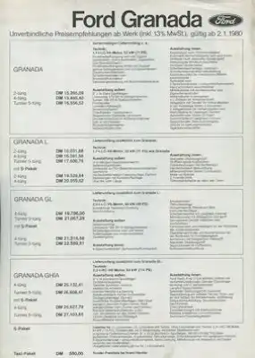 Ford Granada Preisliste 1.1980