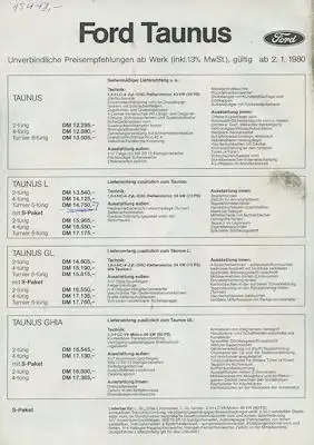 Ford Taunus Preisliste 1.1980