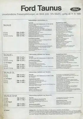 Ford Taunus Preisliste 9.1980