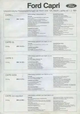 Ford Capri III Preisliste 2.1981