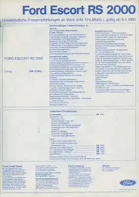 Ford Escort RS 2000 Preisliste 4.1980
