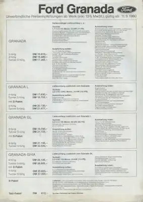 Ford Granada Preisliste 9.1980