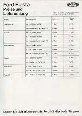 Ford Fiesta Preisliste 8.1986