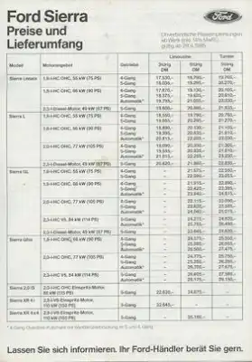 Ford Sierra Preisliste 4.1985