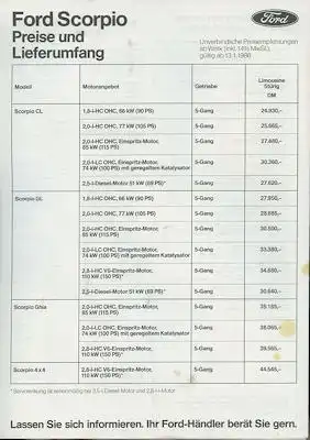 Ford Scorpio Preisliste 1.1986