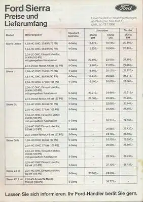 Ford Sierra Preisliste 1.1986