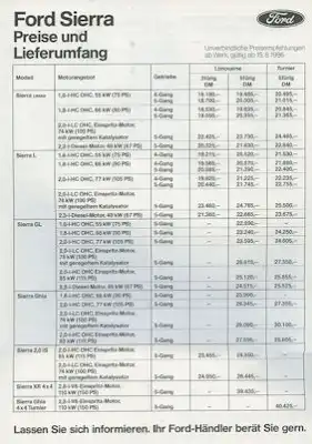 Ford Sierra Preisliste 8.1986