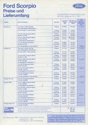 Ford Scorpio Preisliste 12.1987