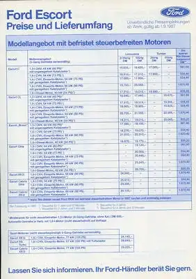 Ford Escort Preisliste 9.1987