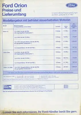 Ford Orion Preisliste 12.1987