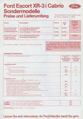 Ford Escort XR-3i Cabrio Sondermodelle Preisliste 4.1988