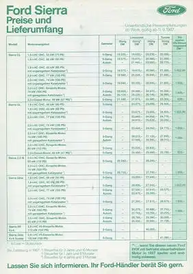 Ford Sierra Preisliste 9.1987