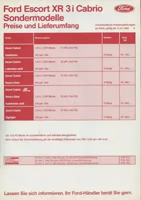 Ford Escort XR3i Cabrio Sondermodelle Preisliste 1.1990