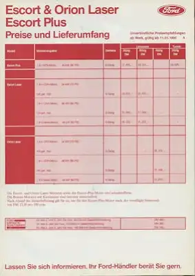 Ford Escort / Orion Laser + Escort Plus Preisliste 1.1990