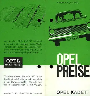 Opel Kadett A Preisliste 8.1962