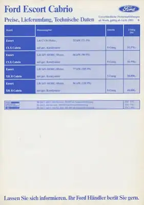 Ford Escort Cabrio Preisliste 1.1993
