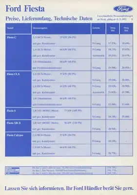 Ford Fiesta Preisliste 11.1992