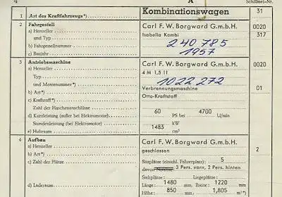 Borgward Isabella Kombi Original Fahrzeugbrief 1957