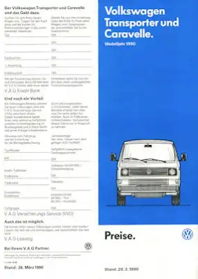 VW T 3 Transporter und Caravelle Preisliste 3.1990