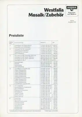 VW T 3 Westfalia Mosaik Zubehör Preisliste 2.1986