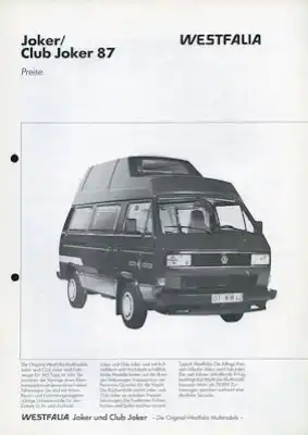 VW T 3 Westfalia Joker Preisliste 1.1987