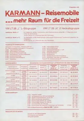 VW T 3 / LT Karmann Preisliste 1.1985