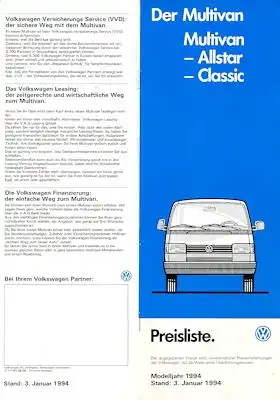 VW T 4 Multivan Allstar / Classic Preisliste 1.1994