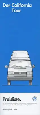 VW T 4 California Tour Preisliste 2.1993 für 1994