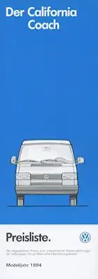 VW T 4 California Coach Preisliste 2.1993 für 1994