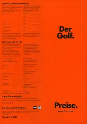 VW Golf 1 Preisliste 8.1982