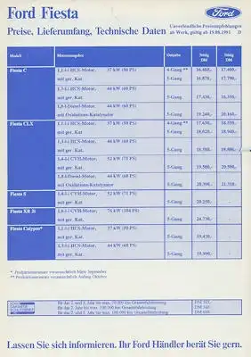 Ford Fiesta Preisliste 9.1991