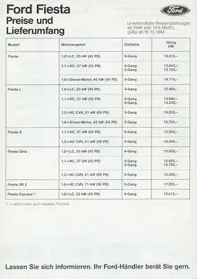 Ford Fiesta Preisliste 10.1984