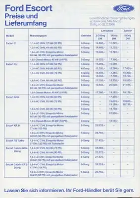 Ford Escort Preisliste 2.1986