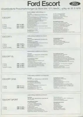 Ford Escort Preisliste 3.1979