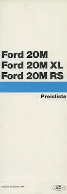 Ford 20M 20M XL 20M RS Preisliste 9.1969