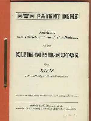 MWM Klein Diesel Motor KD 18 Bedienungsanleitung 1930er Jahre