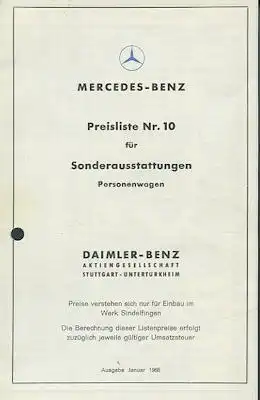 Mercedes Benz Sonderausstattung Preisliste Nr. 10 1.1968