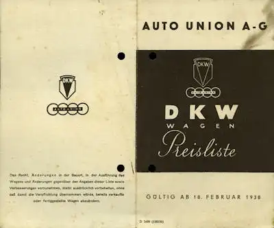 DKW Pkw Preisliste 2.1938