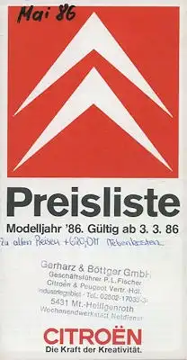 Citroen Preisliste 3.1986