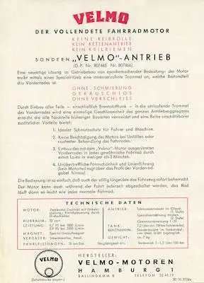 Velmo Fahrrad-Motor Prospekt 10.1951