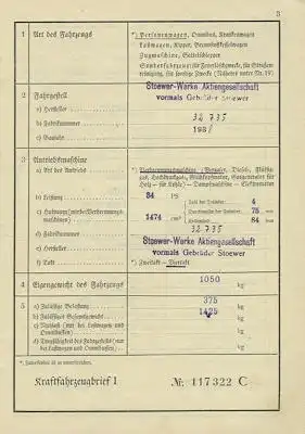 Stoewer Greif 1474 ccm Original Fahrzeugbrief 1938