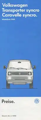 VW T 3 Transporter und Caravelle syncro Preisliste 3.1990