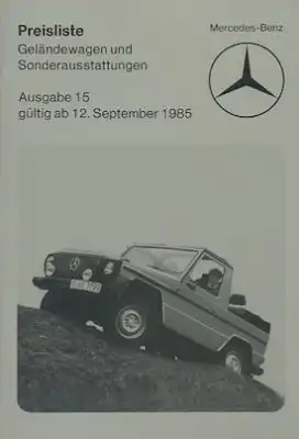 Mercedes-Benz Preisliste G und Sonderausstattung 9.1985